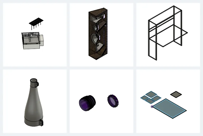 Z biblioteki Fusion 360: dach z konstrukcją pod panele w Nasielsku, kolumna głośnikowa z tubą, biurko, adapter turbiny, słoik z zakrętką, ramka