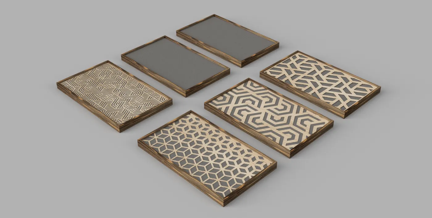 A series of wooden acoustic panels with laser-cut patterns, product concept
