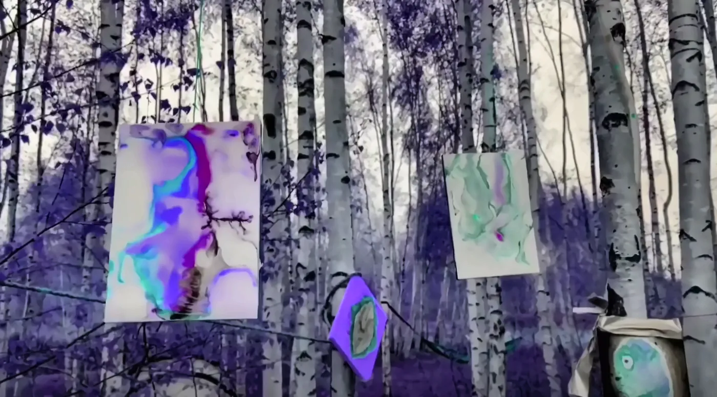 Paintings hung in a birch forest
