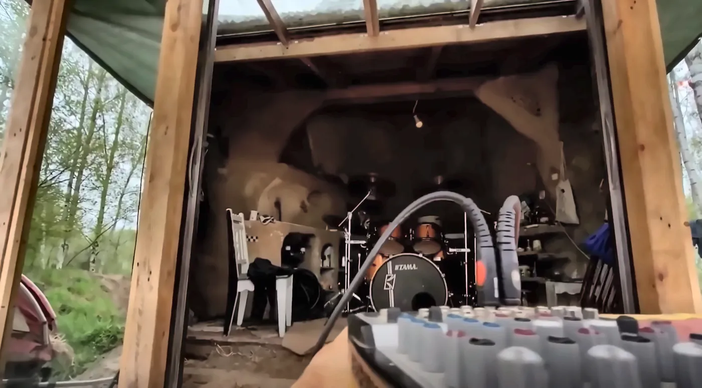 The stage inside the clay house and the mixing desk