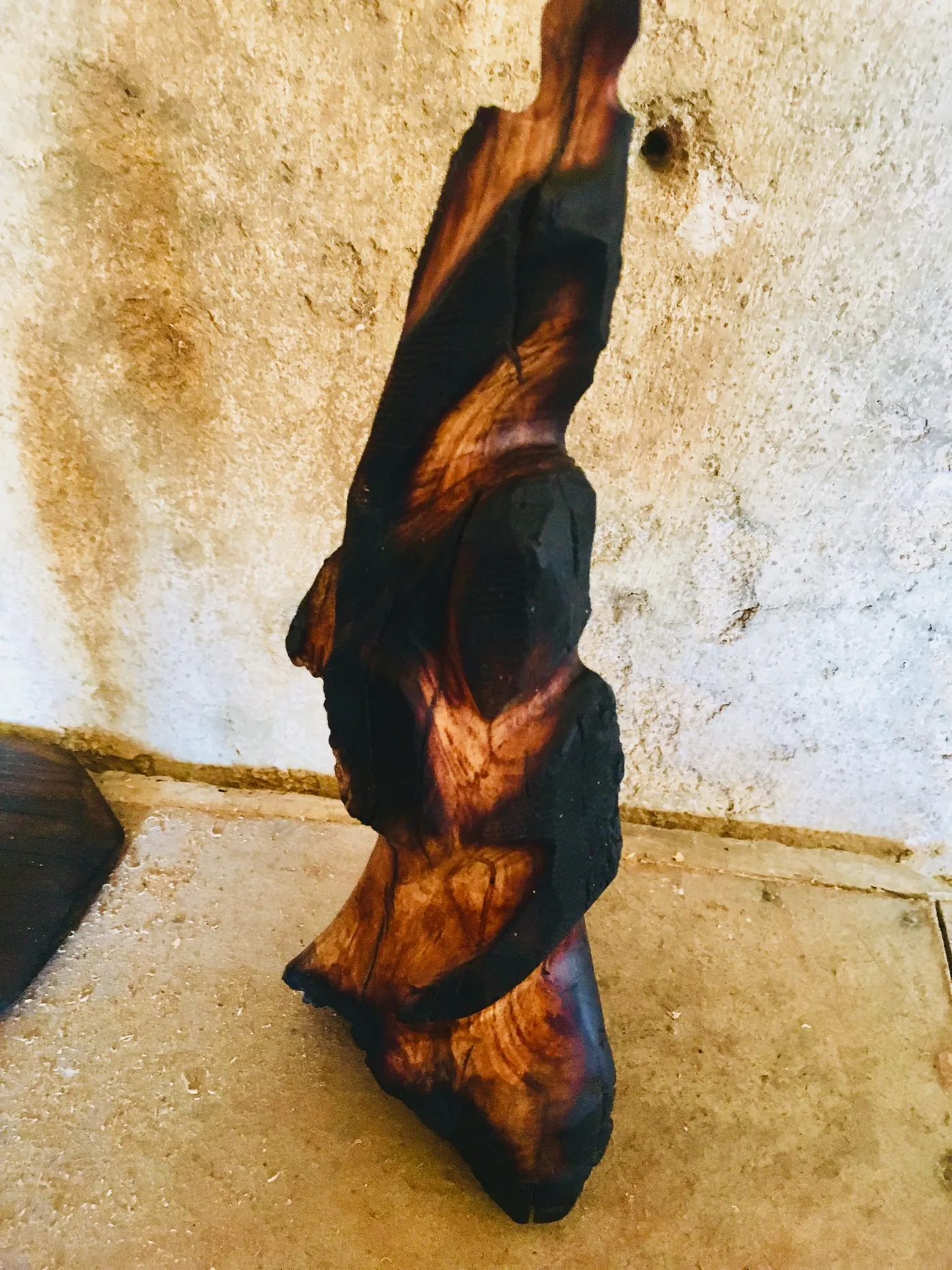 Twisted charred wood form on a cork base