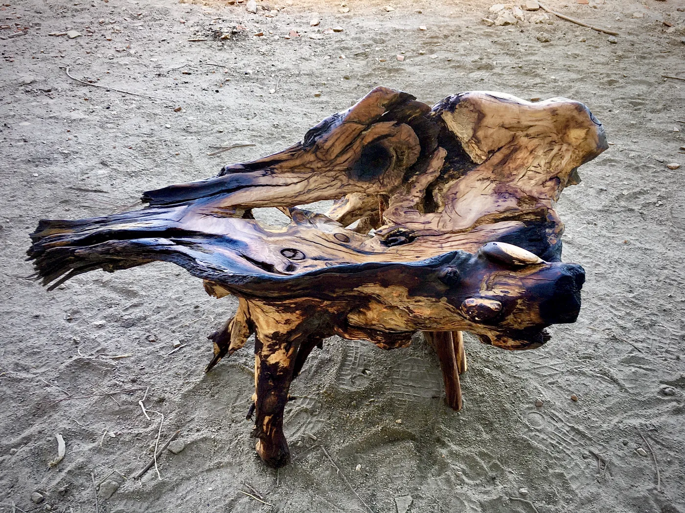 Chair carved from a tree root: side