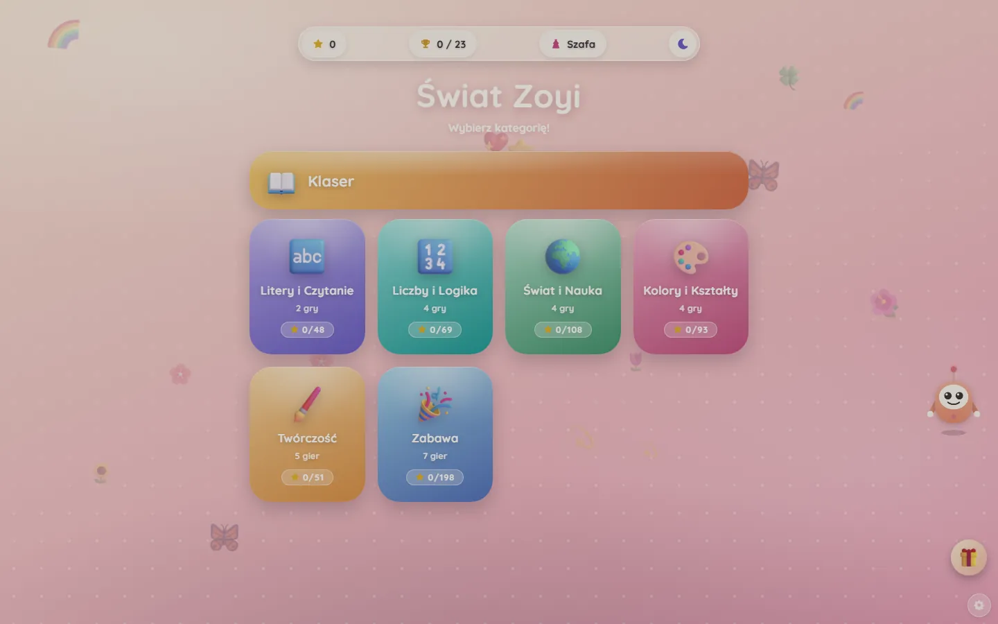 Świat Zoyi: menu kategorii